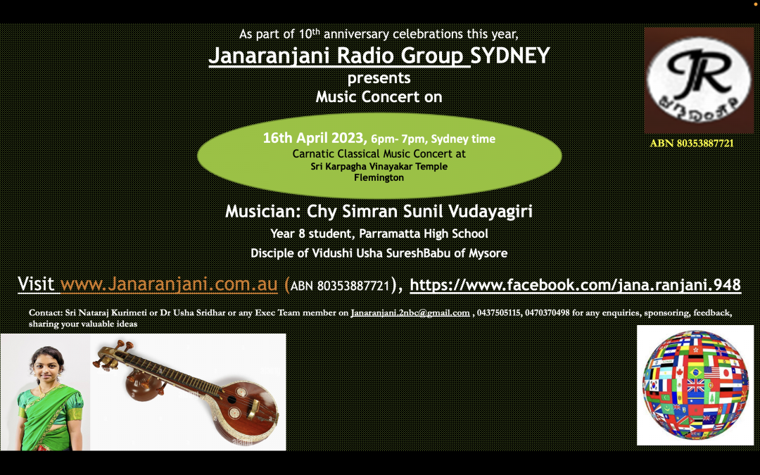 Janaranjani Music Concert on 16th April 2023 by Chy Simran Vudayagiri at Sri Karpagha Vinayakar Temple