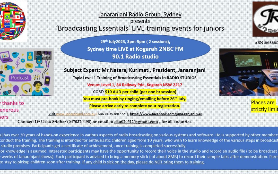 Broadcasting Essentials – LIVE training events for Juniors on 29th July 2023 at Kogarah 2NBC FM 90.1 Radio studio